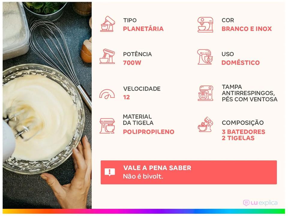 Batedeira Planetária Mondial Branco e Inox 700W - 1