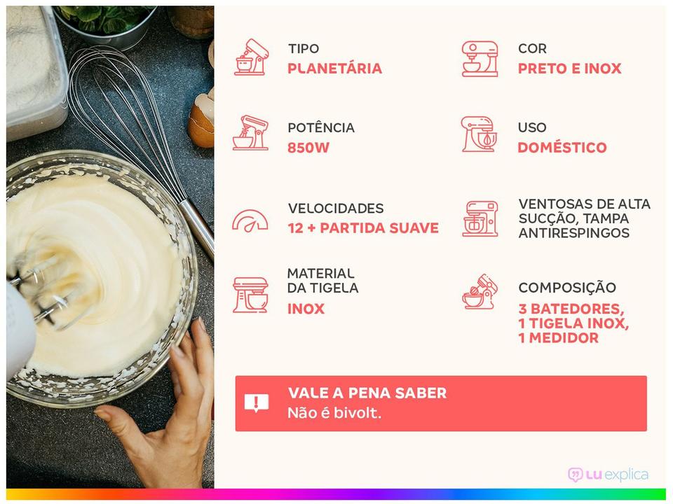 Batedeira Planetária Oster Preta 850W 12 Velocidades Tigela Inox 4L OBAT641 - 1