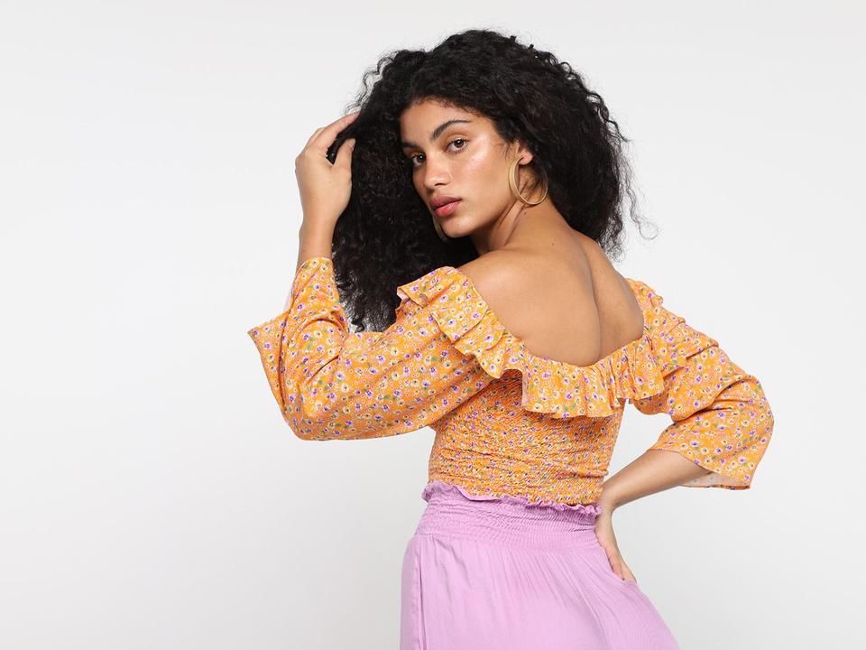 Blusa Vista Magalu Lastex Floral Babados Manga 3/4 - 3