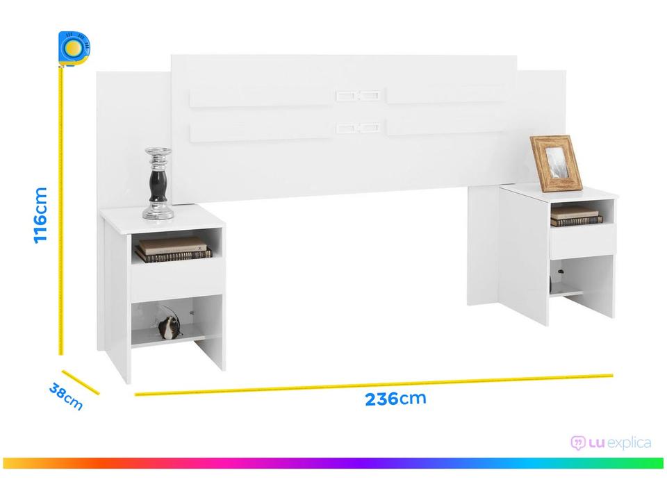 Cabeceira Casal e Queen MDP com 2 Prateleira 2 Mesas de Cabeceira Demóbile Triunfo Branco - 12