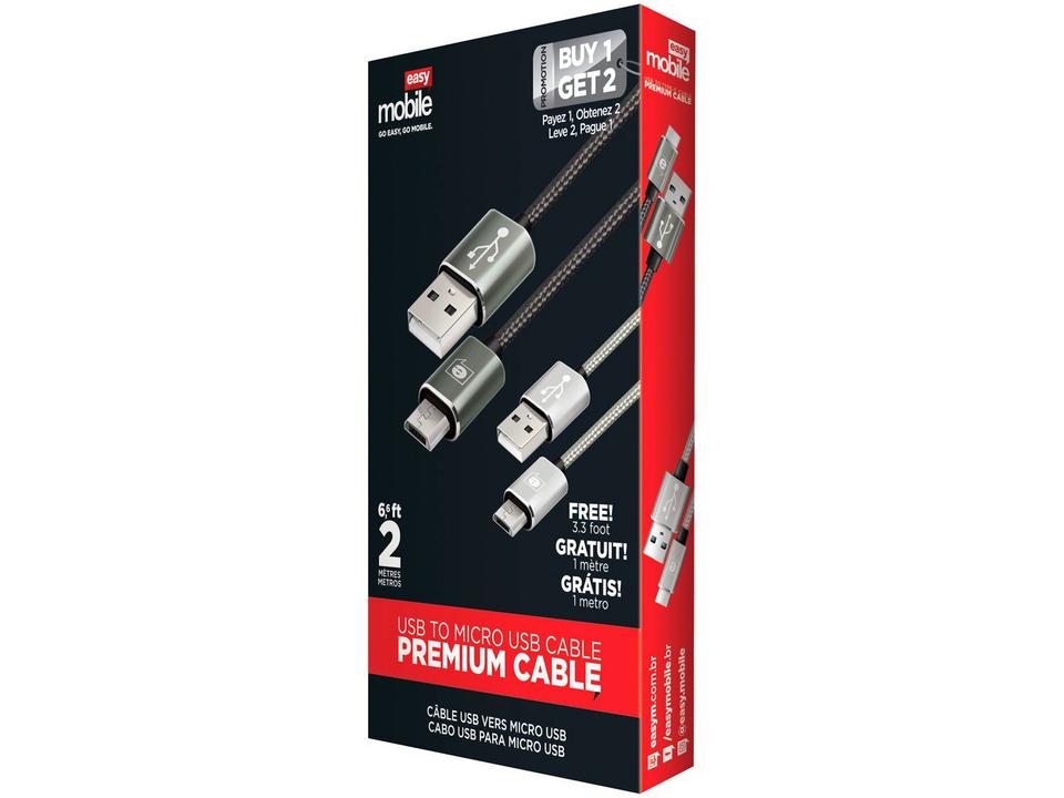 Cabo Micro USB 2m e 1m Carga Rápida Easy Mobile - Premium CBPROMMI2GR 2 Unidades - 3