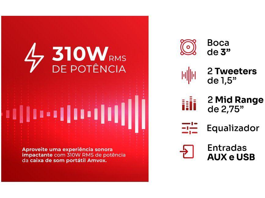 Caixa de Som Amplificada Bluetooth Amvox Boom Vox ACA 310W RMS USB - 3