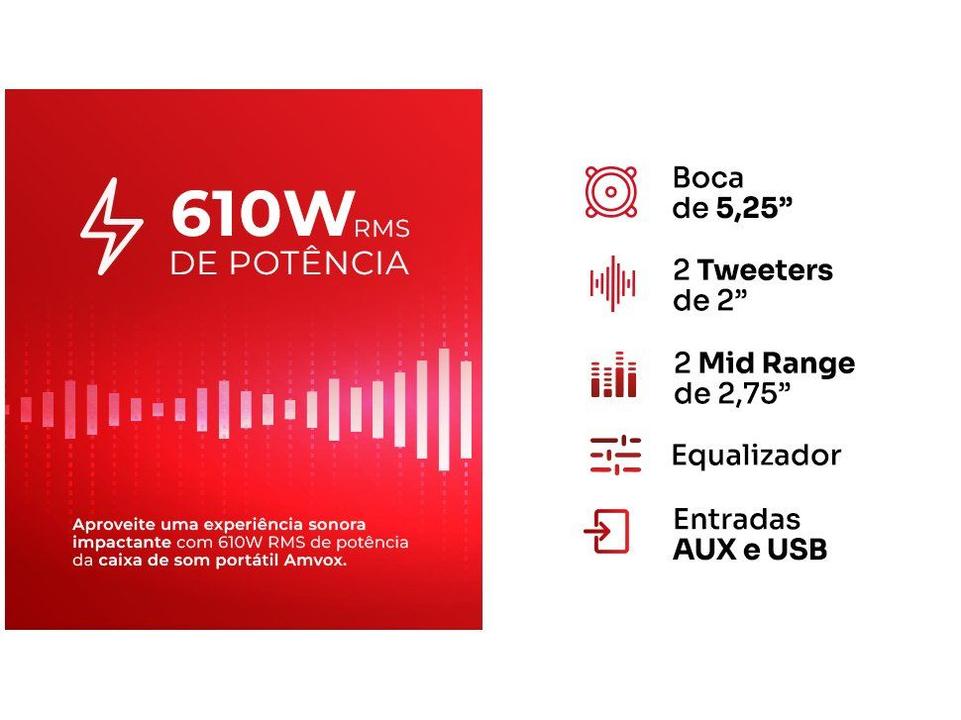 Caixa de Som Amplificada Bluetooth Amvox Boom Vox ACA 610W RMS USB - 3