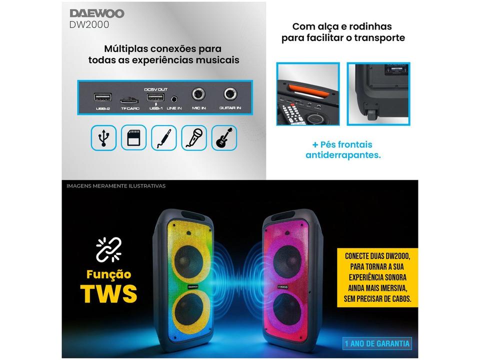 Caixa de Som Daewoo Bright DW 2000 Bluetooth Amplificada Portátil 1200W USB - 22