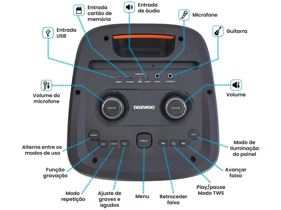 Caixa de Som Daewoo Bright DW 2000 Bluetooth Amplificada Portátil 1200W USB - 6
