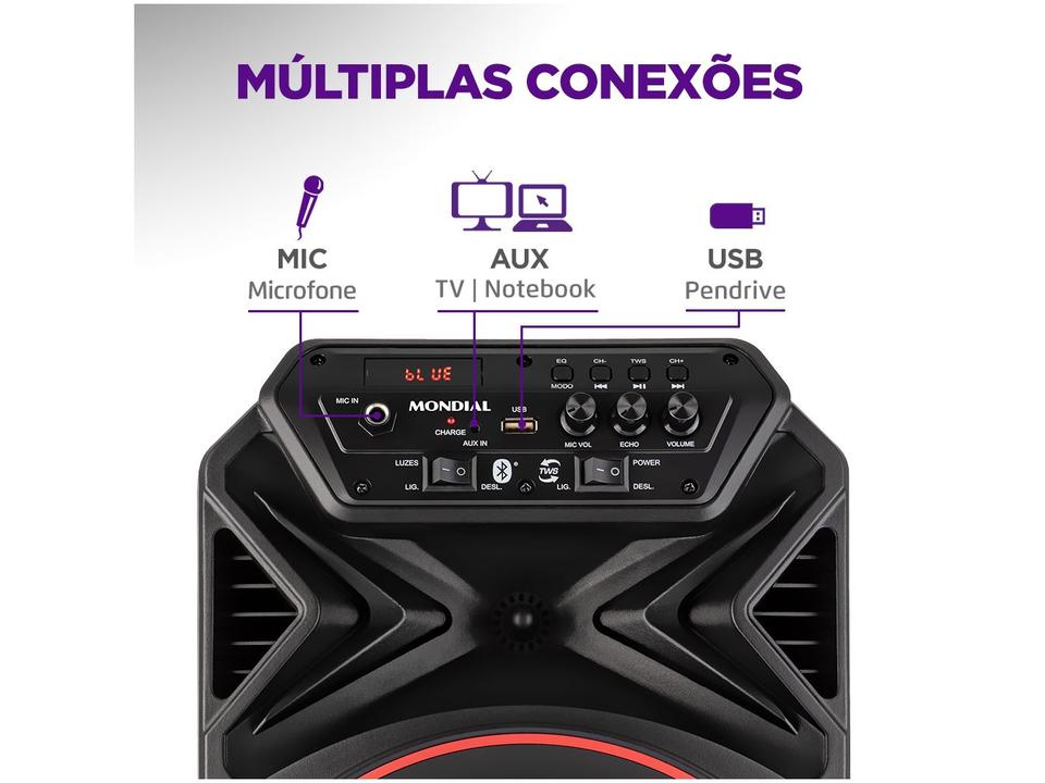 Caixa de Som Mondial Connect Party Plus CM-250 Bluetooth Amplificada Portátil 250W 8” USB - 4