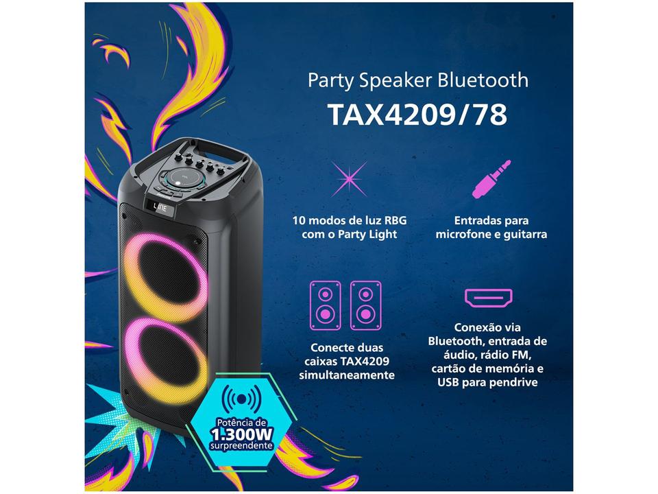 Caixa de Som Philips Party Speaker TAX4209/78 - Bluetooth Ativa Portátil 1300W USB - Bivolt - 2
