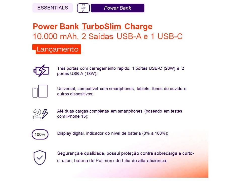 Carregador Portátil/Power Bank 10.000mAh Geonav Energia Turbo Slim Charge - 1