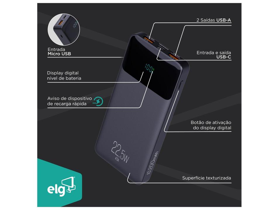 Carregador Portátil/Power Bank ELG PB102BK 10.200mAh - 6