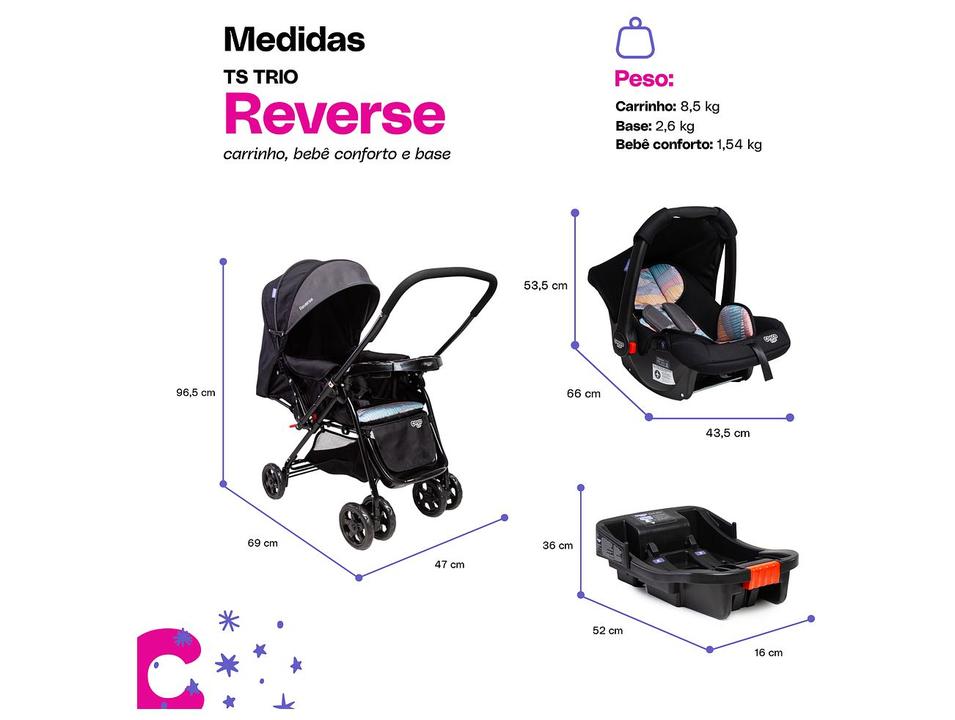 Carrinho de Bebê Alça Reversível com Base e Bebê Conforto Cosco Kids Reverse Trio até 15kg - 5