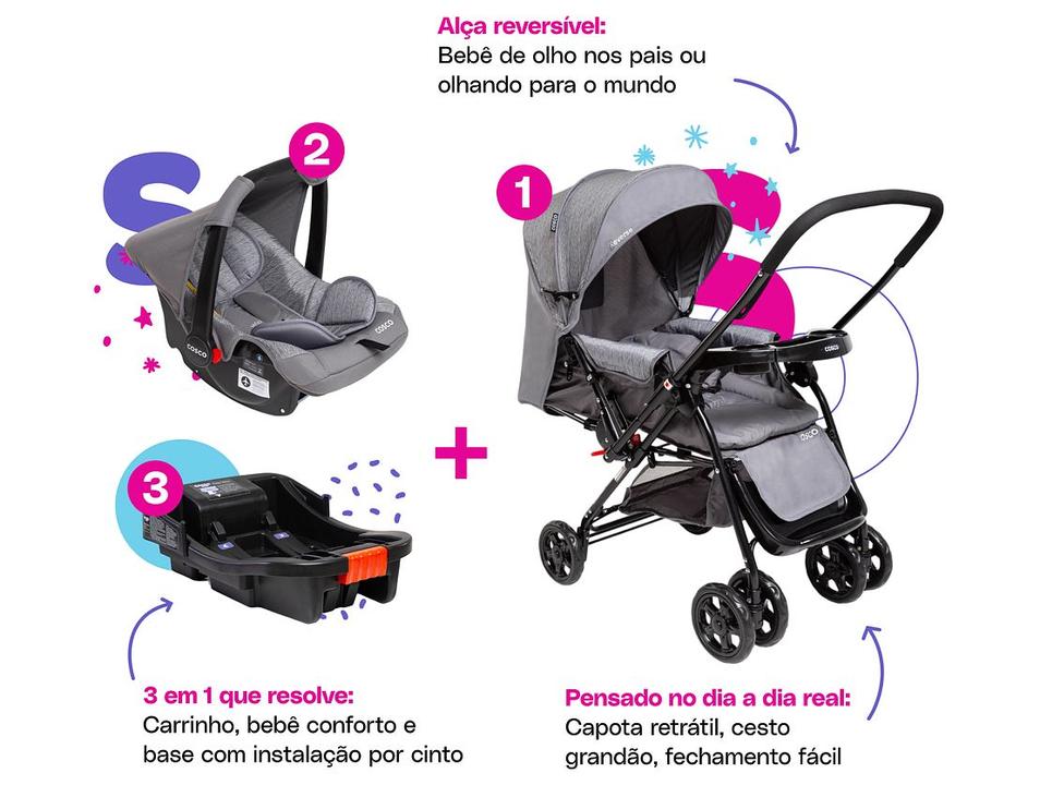 Carrinho de Bebê Alça Reversível com Base e Bebê Conforto Cosco Kids Reverse Trio até 15kg - 2