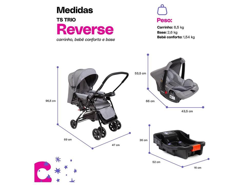 Carrinho de Bebê Alça Reversível com Base e Bebê Conforto Cosco Kids Reverse Trio até 15kg - 5