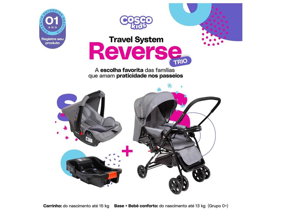 Carrinho de Bebê Alça Reversível com Base e Bebê Conforto Cosco Kids Reverse Trio até 15kg - 1