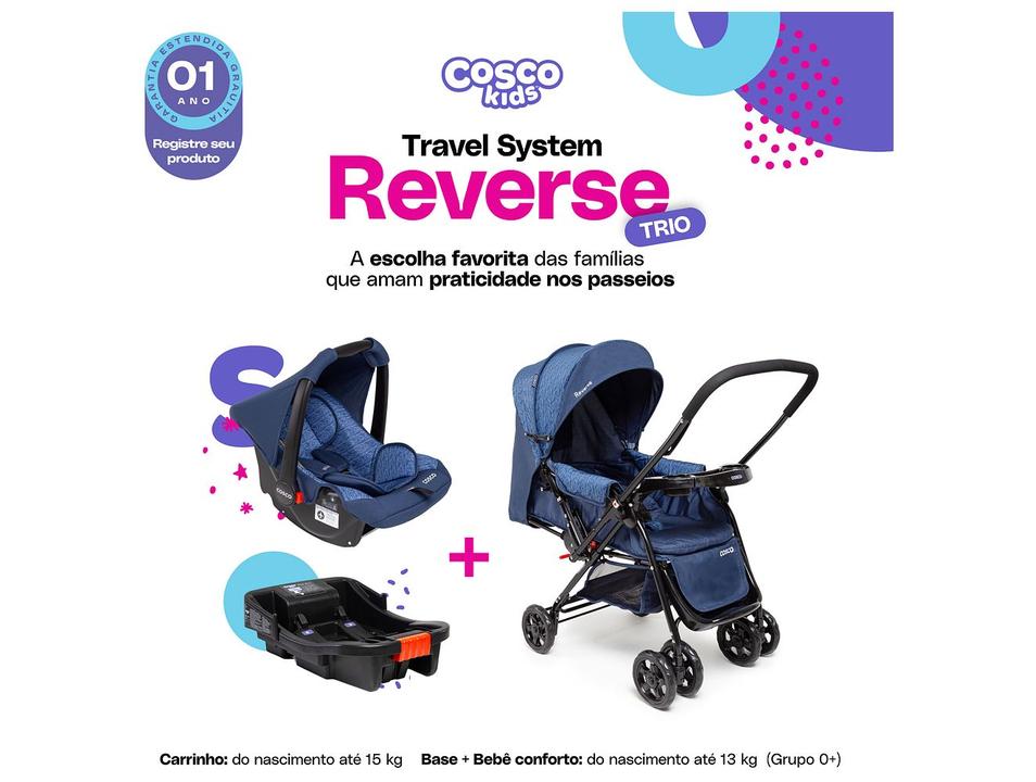Carrinho de Bebê Alça Reversível com Base e Bebê Conforto Cosco Kids Reverse Trio até 15kg - 1