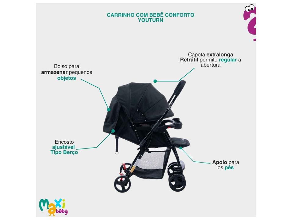 Carrinho de Bebê com Barra Reversível + Bebê Conforto Maxi Baby Youturn até 15kg - 4