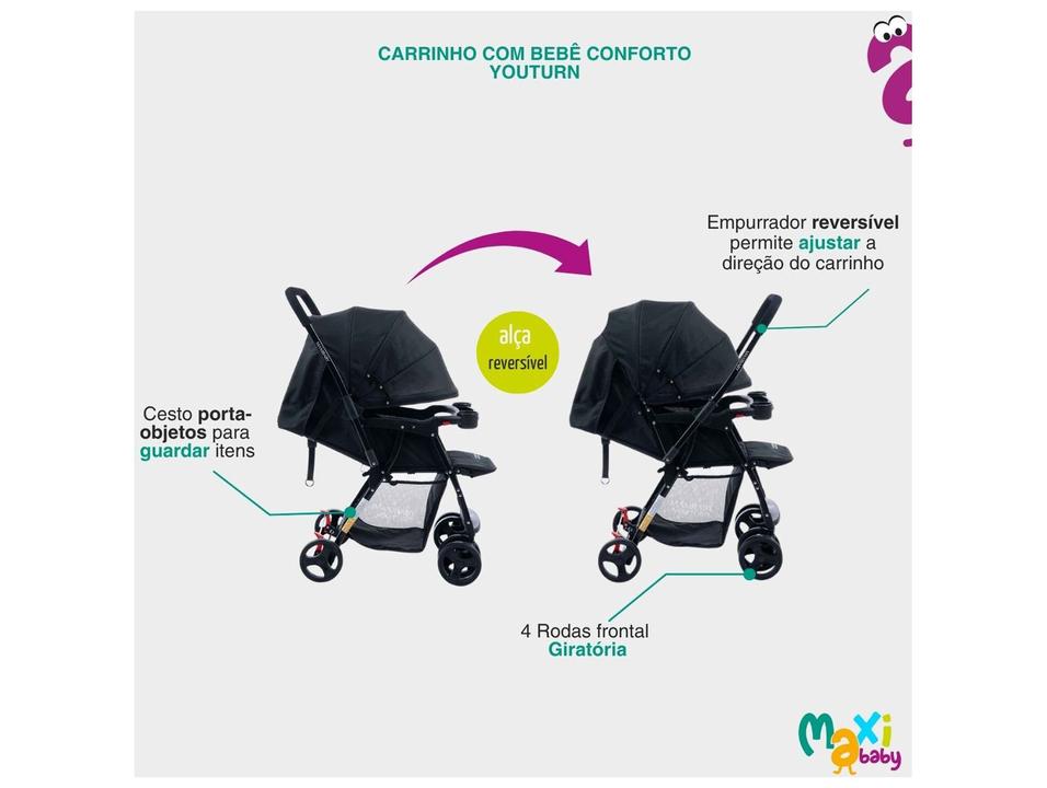 Carrinho de Bebê com Barra Reversível + Bebê Conforto Maxi Baby Youturn até 15kg - 1