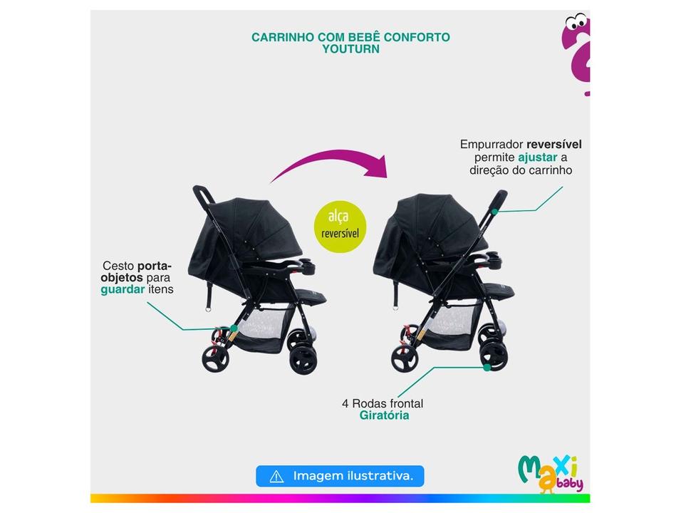 Carrinho de Bebê com Barra Reversível + Bebê Conforto Maxi Baby Youturn até 15kg - 1
