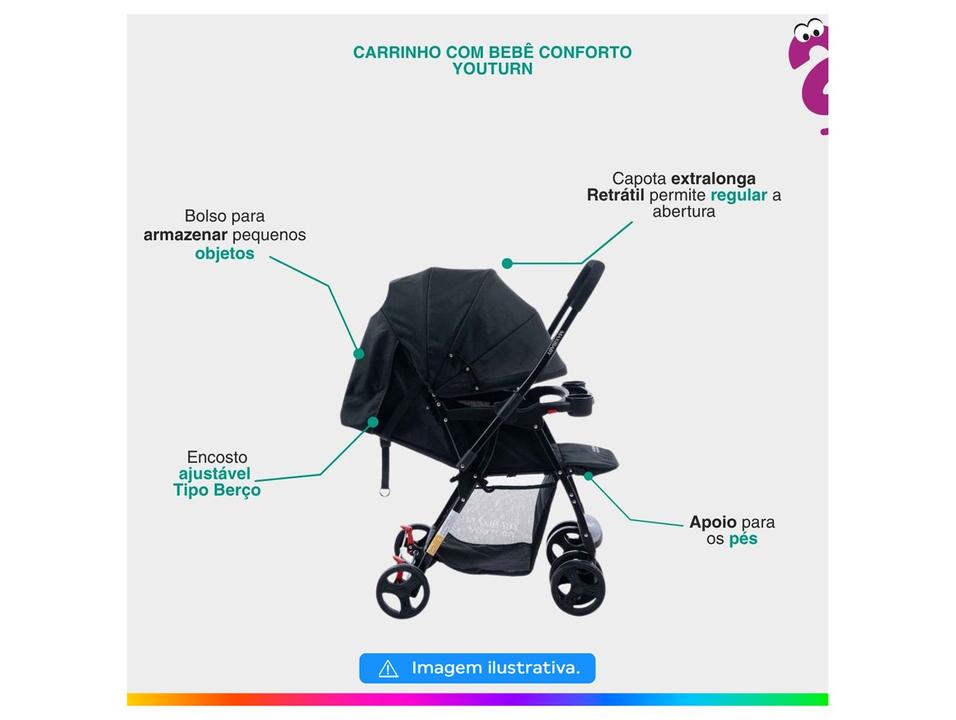 Carrinho de Bebê com Barra Reversível + Bebê Conforto Maxi Baby Youturn até 15kg - 2