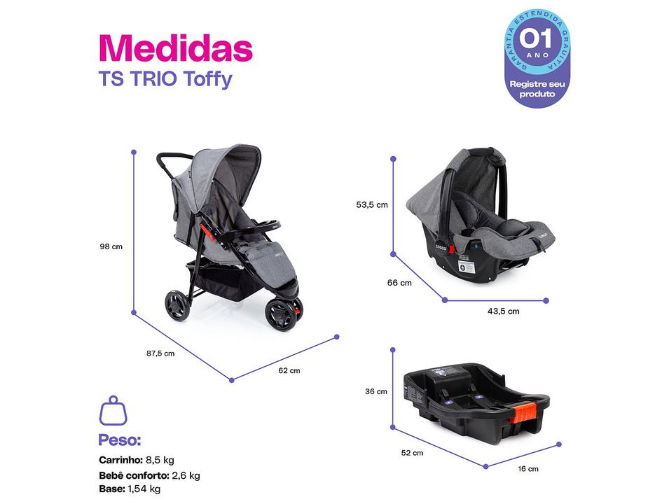 Carrinho de Bebê com Bebê Conforto Cosco Kids Toffy 3 Rodas até 15kg - 12