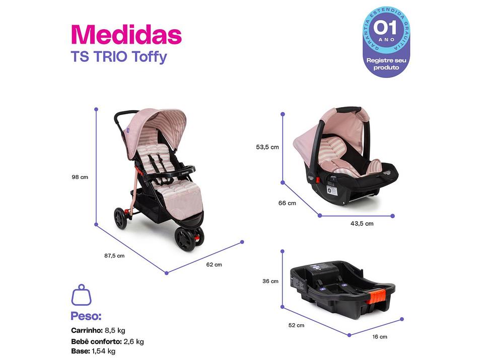Carrinho de Bebê com Bebê Conforto e Base 3 em 1 Cosco Kids Toffy Trio 3 Rodas até 15kg - 12