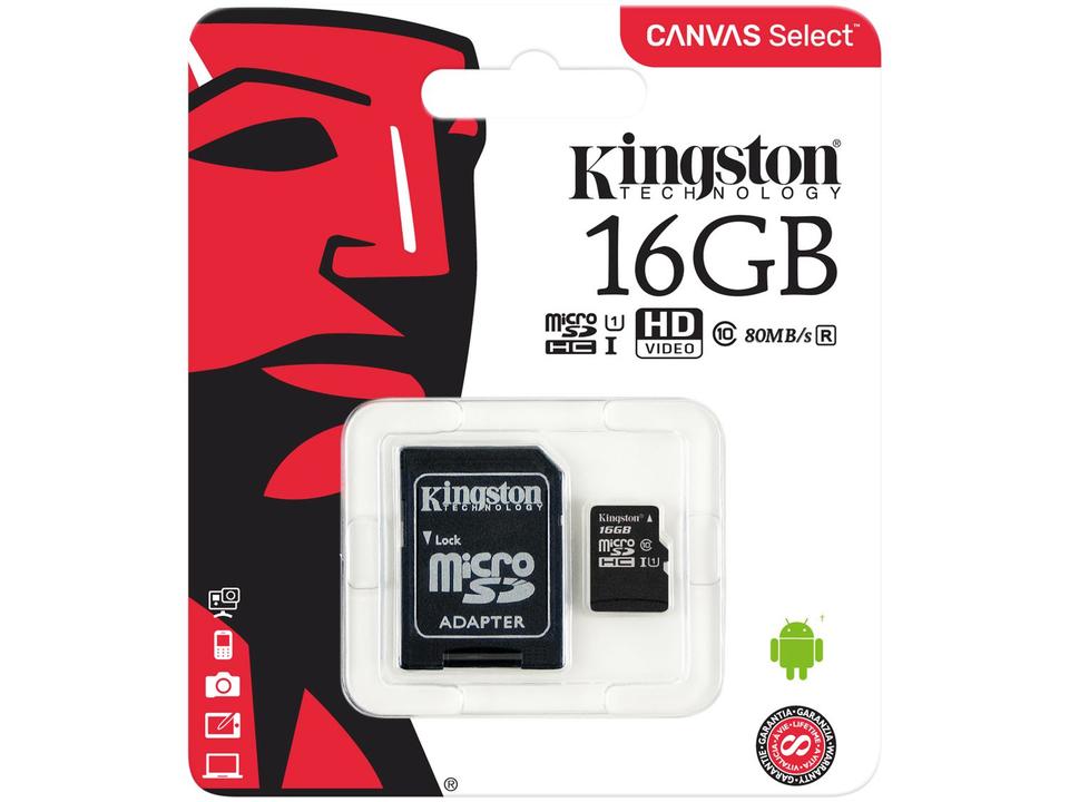 Cartão de Memória 16GB Micro SD Kingston Classe 10 - com Adaptador Canvas Select - 2