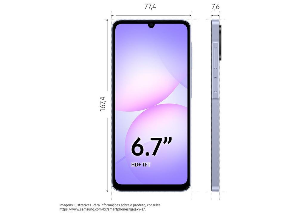 Celular Samsung Galaxy A07 128GB Violeta 4GB RAM Tela 6,7" Câm. Dupla + Selfie 8MP - 8