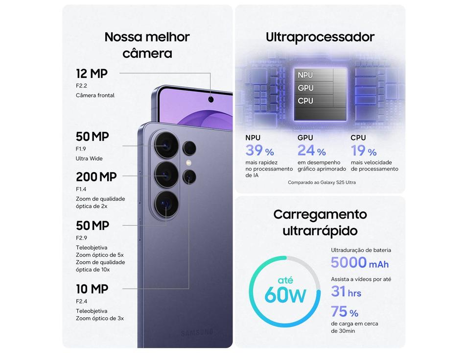 Celular Samsung Galaxy S26 Ultra 5G 256GB Galaxy AI Violeta 6,9" 12GB RAM Câm. Quádrupla 200+50+10+50MP Bateria 5000mAh Dual Chip - 4