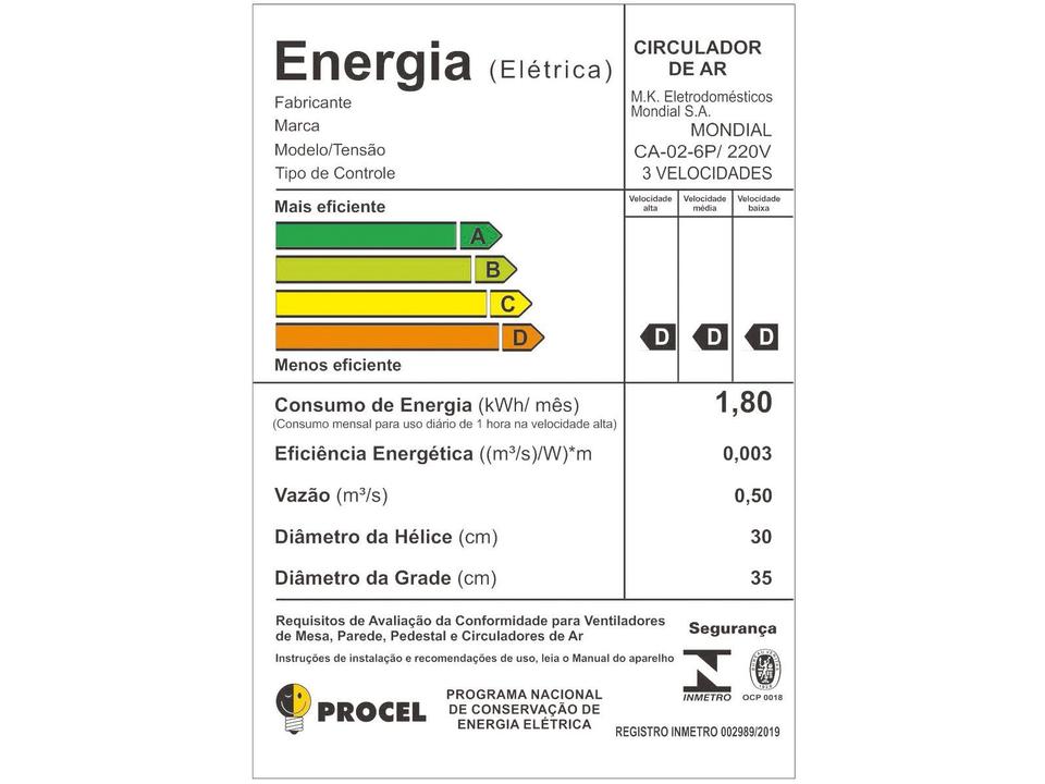 Circulador de Ar Mondial Premium CA-02 3 Velocidades - 5