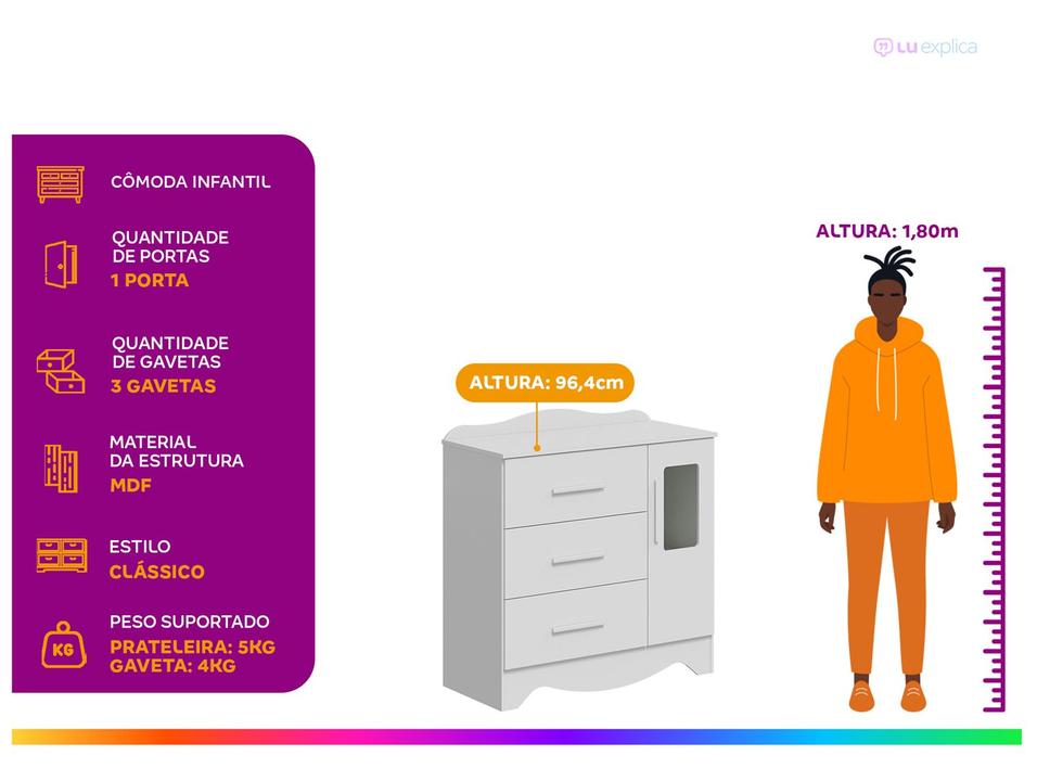 Cômoda de Bebê 3 Gavetas Moveis Peroba Harmonia com Vidro - 1