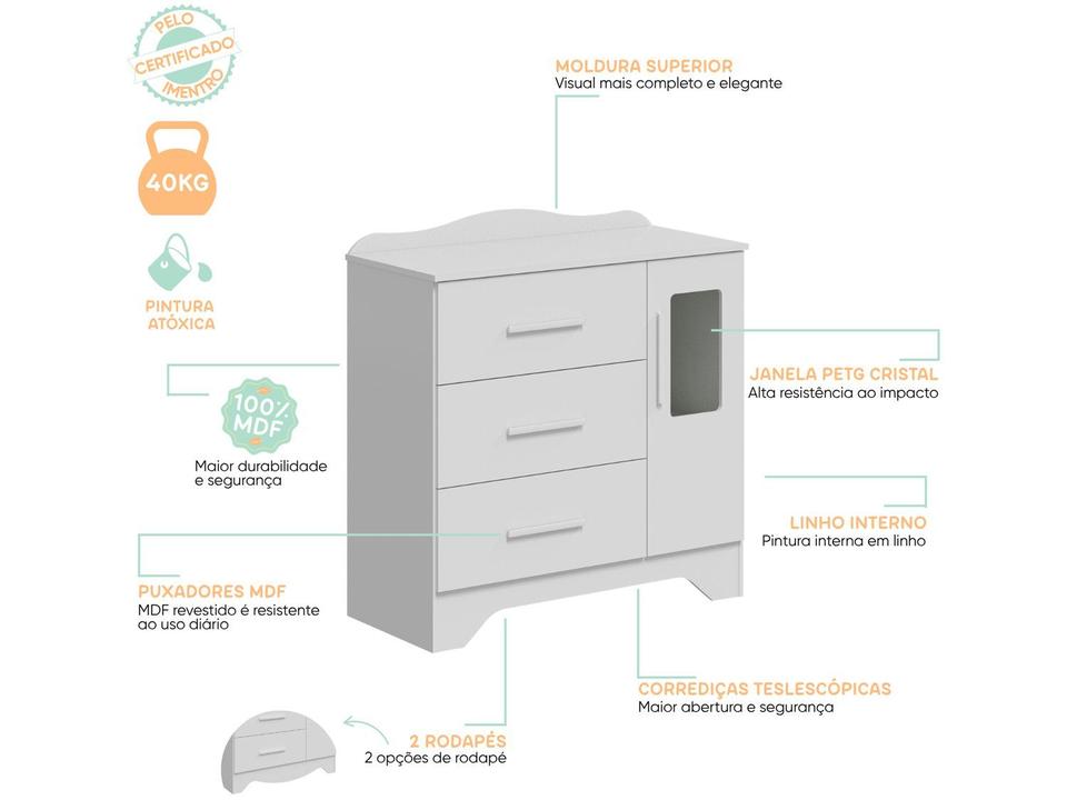 Cômoda de Bebê 3 Gavetas Moveis Peroba Harmonia com Vidro - 8