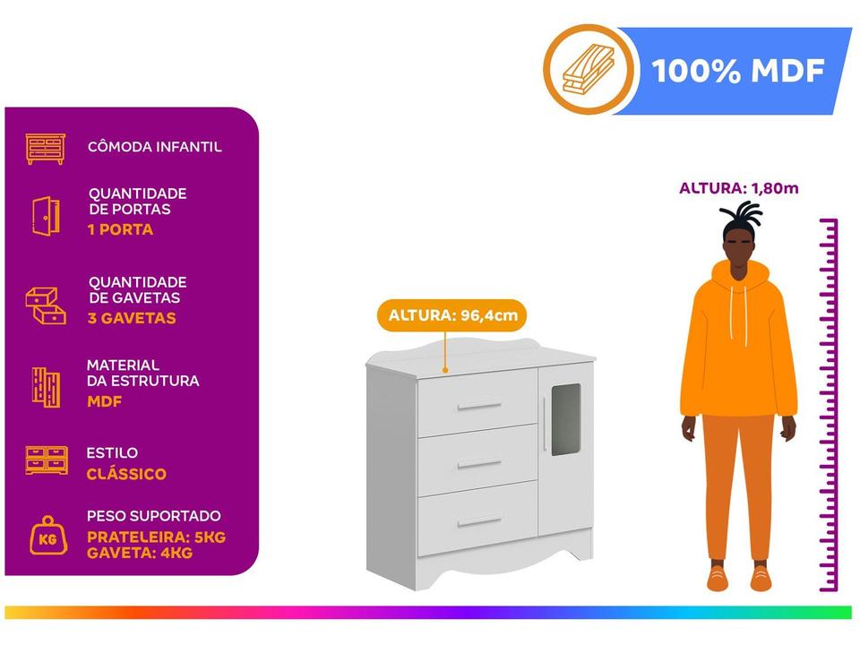 Cômoda de Bebê 3 Gavetas Moveis Peroba Harmonia com Vidro - 1