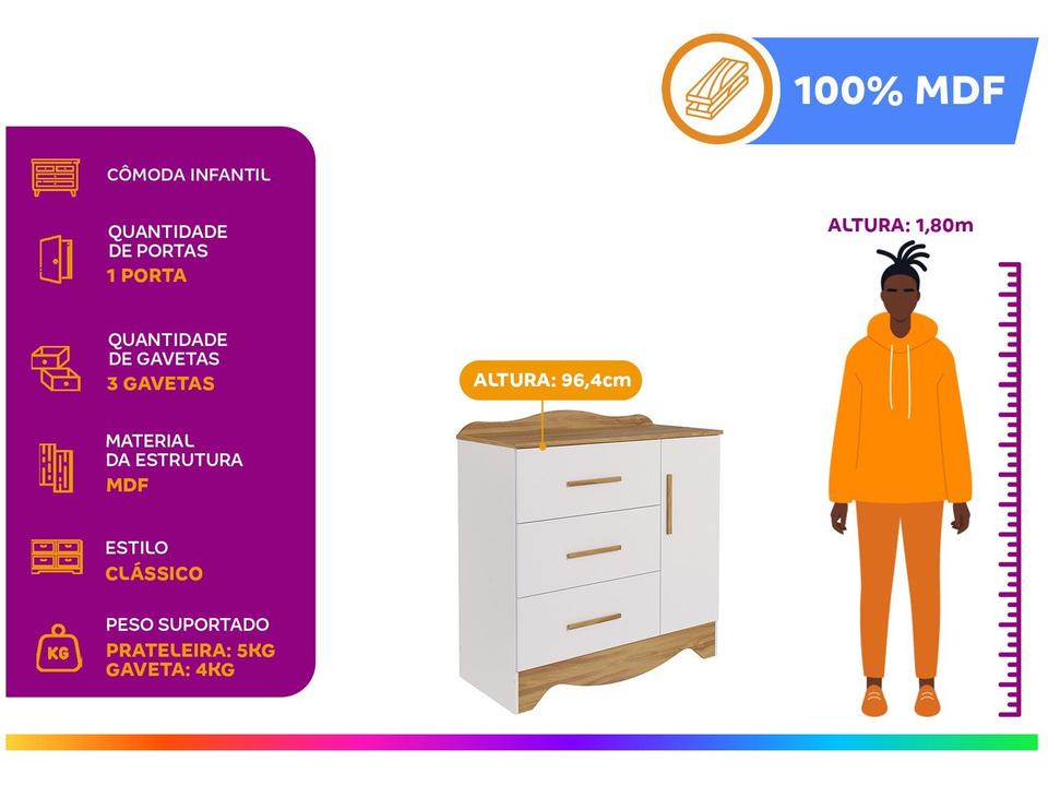 Cômoda de Bebê 3 Gavetas Moveis Peroba Harmonia - 1