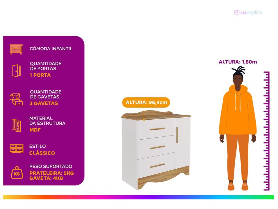 Cômoda de Bebê 3 Gavetas Moveis Peroba Harmonia - 1
