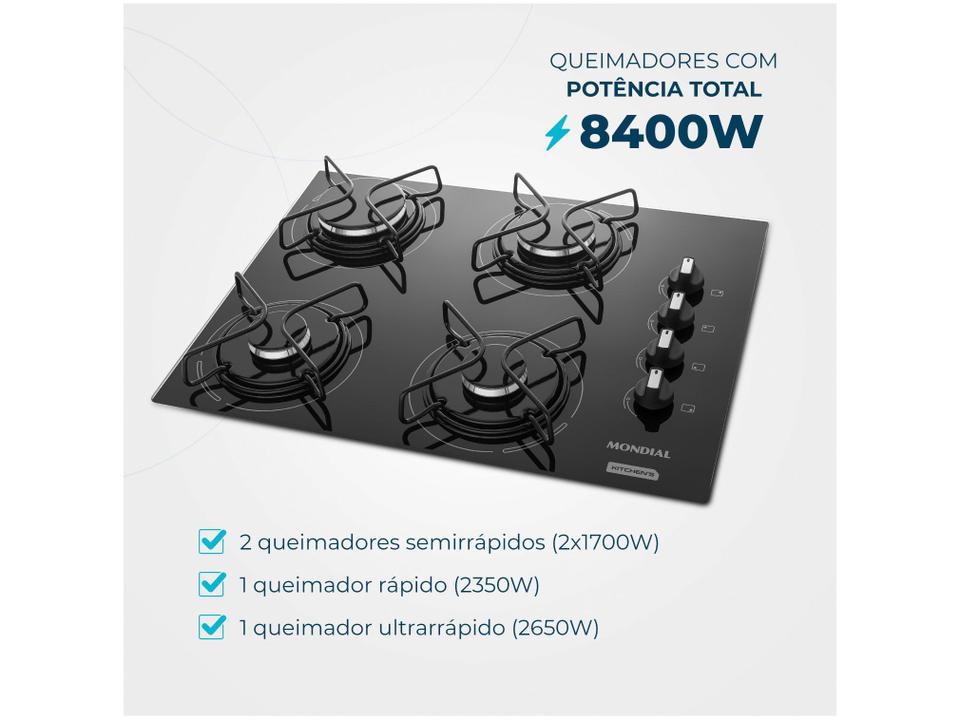 Cooktop 4 Bocas a Gás GLP Mondial Mesa de Vidro Preto Acendimento Automático - 2