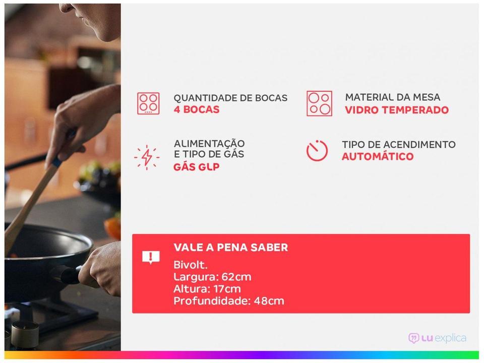 Cooktop 4 Bocas a Gás GLP Mondial Mesa de Vidro Preto Acendimento Automático - 1