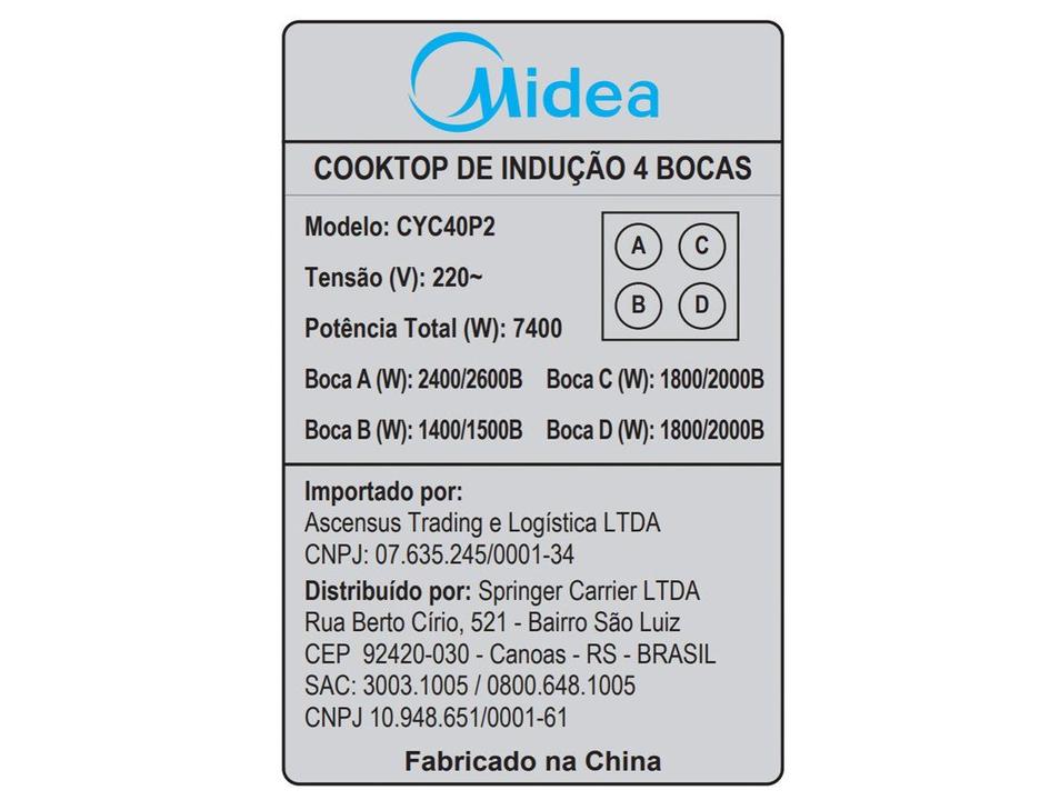 Cooktop 4 Bocas Elétrico Midea Vitrocerâmico Touch Digital Preto Acendimento Automático CYC40P2 - 7
