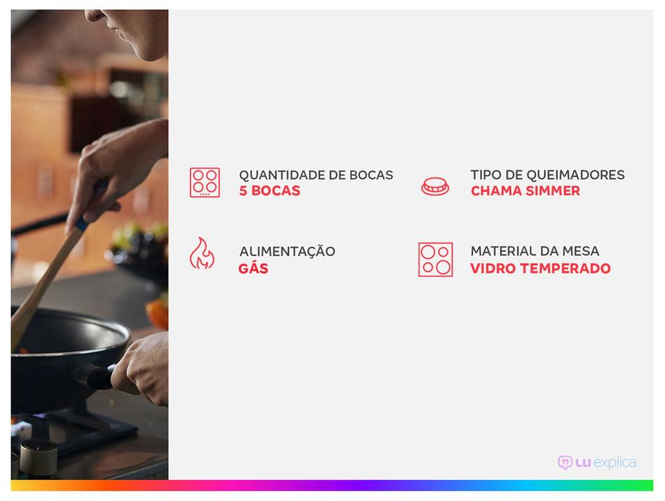 Cooktop 5 Bocas a Gás GLP Brastemp Mesa de Vidro Chama Simmer Preto Acendimento Automático BDD75BE - 1