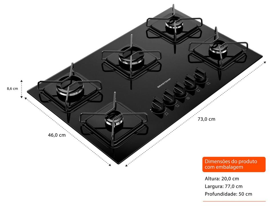 Cooktop 5 Bocas a Gás GLP Brastemp Mesa de Vidro Chama Simmer Preto Acendimento Automático BDD75BE - 3