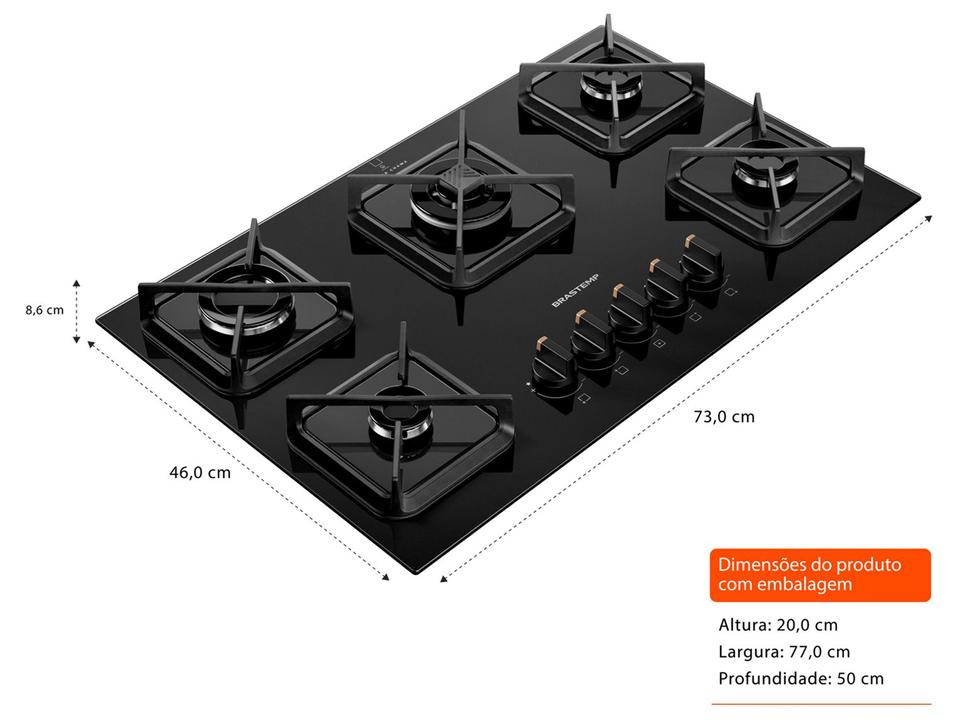 Cooktop 5 Bocas a Gás GLP Brastemp Mesa de Vidro Chama Simmer Preto Acendimento Superautomático BDS75AE - 3
