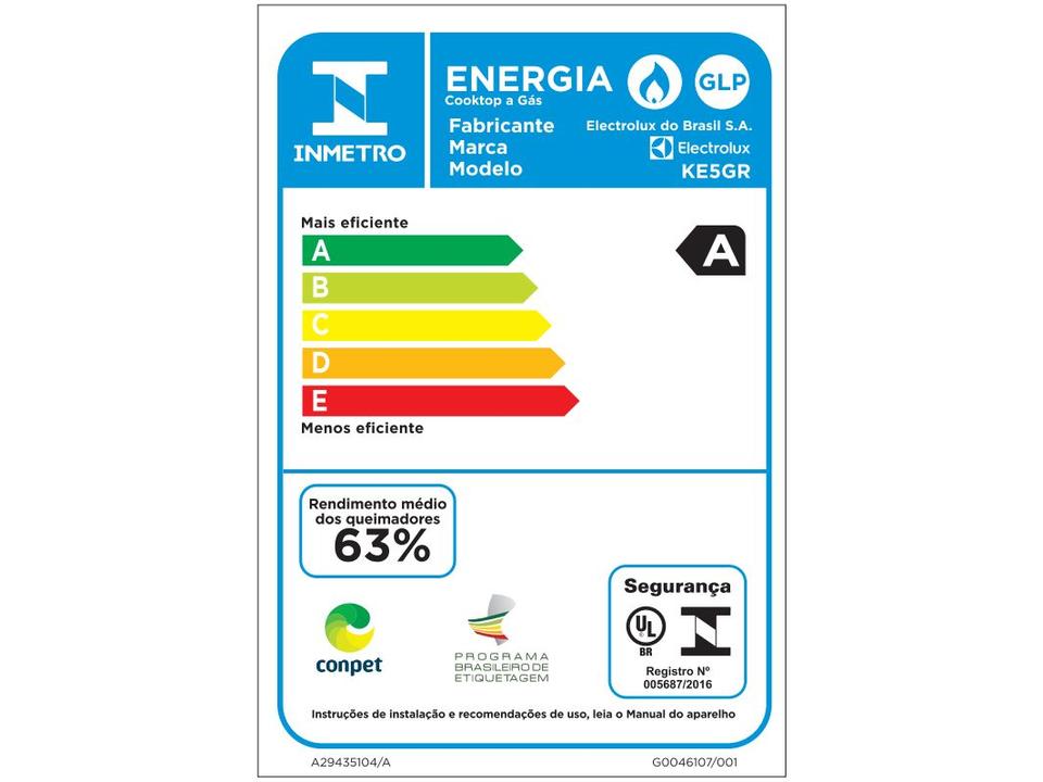 Cooktop 5 Bocas a Gás GLP Electrolux Mesa de Vidro Preto Acendimento Automático Efficient KE5GR - 8