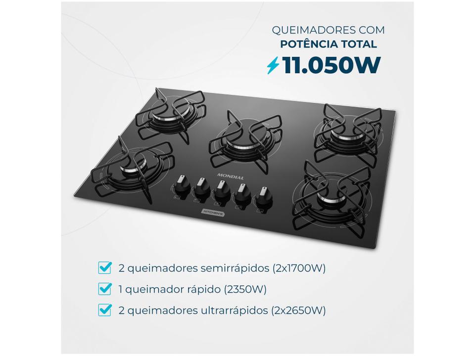 Cooktop 5 Bocas a Gás GLP Mondial Mesa de Vidro Preto Acendimento Automático CTG-02 - 2
