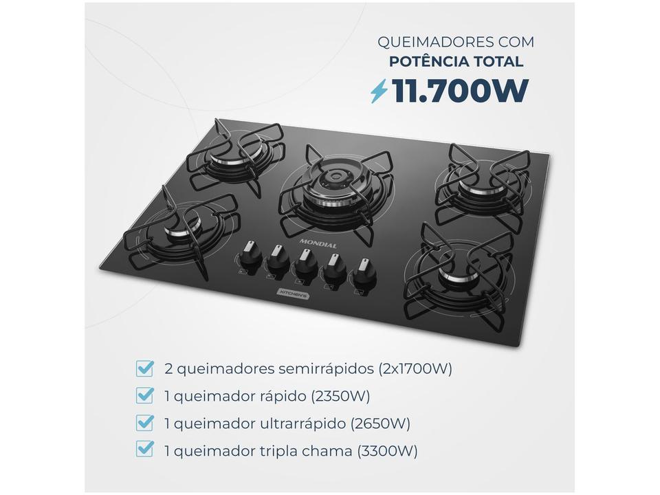Cooktop 5 Bocas a Gás GLP Mondial Mesa de Vidro Preto Tripla Chama CTG-03 - 2
