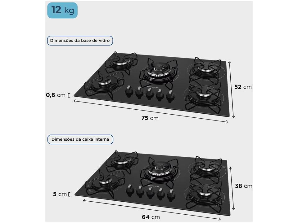 Cooktop 5 Bocas a Gás GLP Mondial Mesa de Vidro Preto Tripla Chama CTG-03 - 7