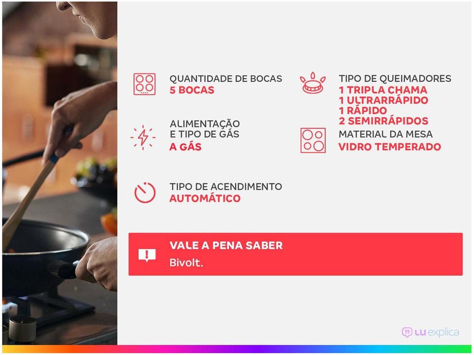 Cooktop 5 Bocas a Gás GLP Mondial Mesa de Vidro Preto Tripla Chama CTG-03 - 1