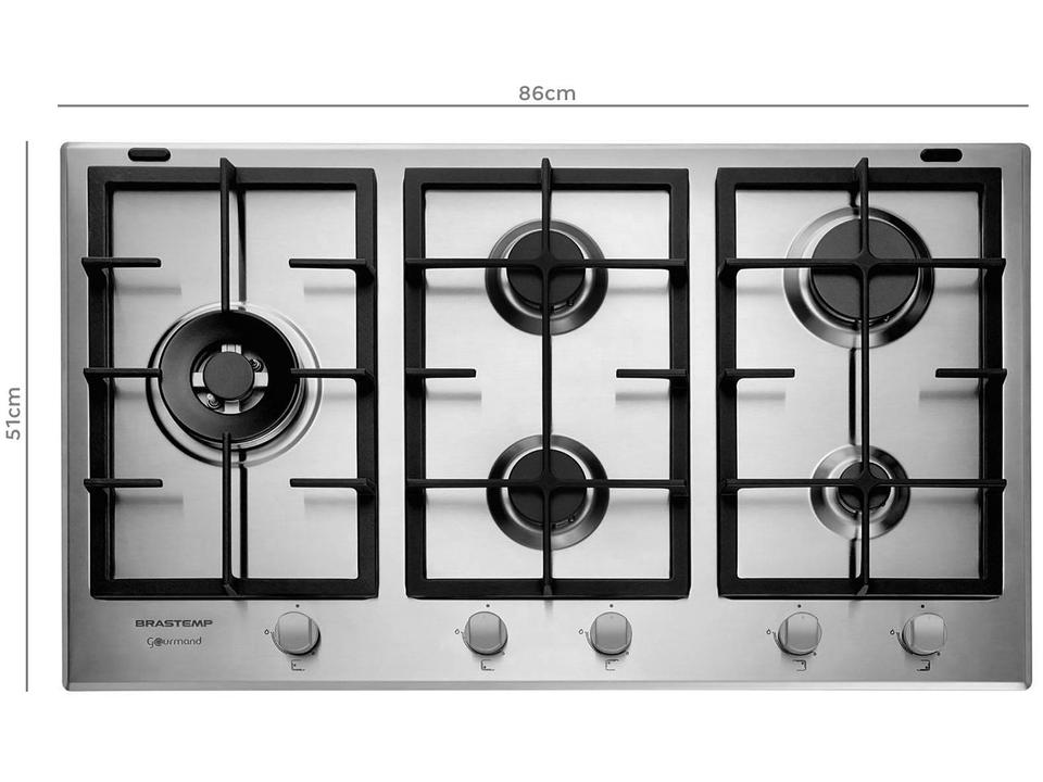 Cooktop 5 Bocas a Gás Natural GLP Brastemp Inox Dupla Chama Acendimento Automático com Trempes de Ferro Fundido Gourmand BDK90 - 4