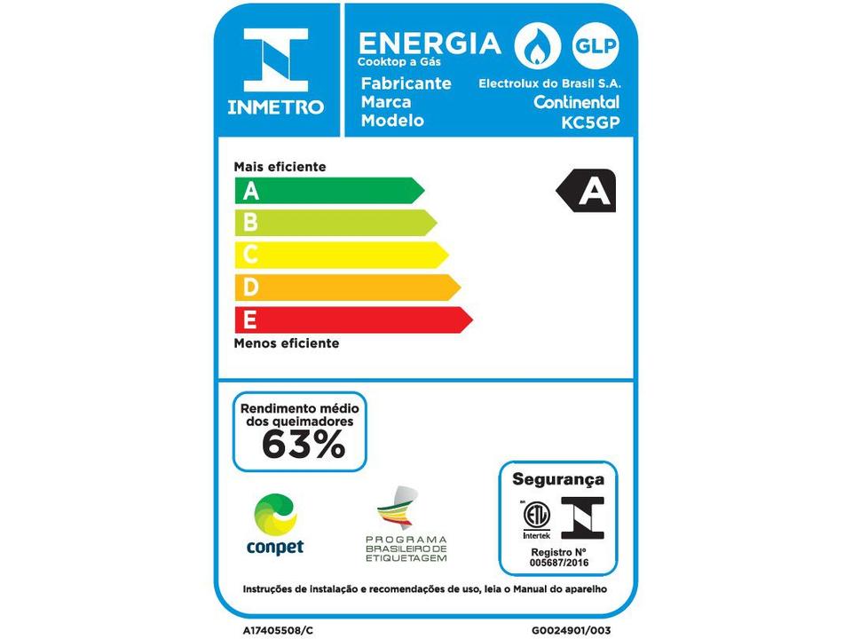 Cooktop 5 Bocas Continental a Gás GLP Preto - 6