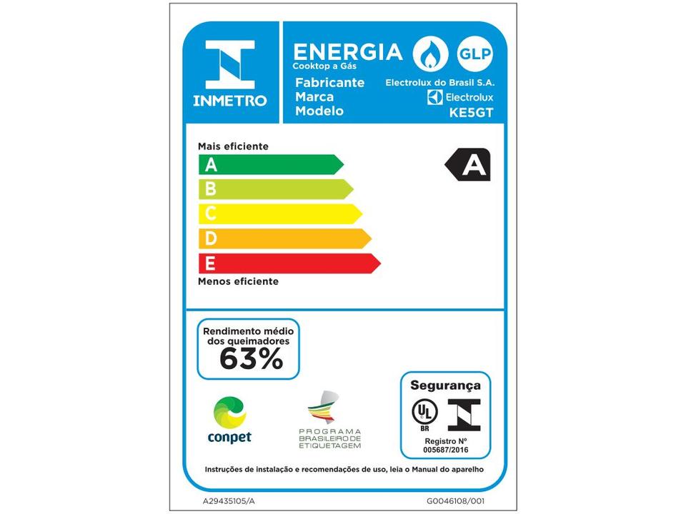 Cooktop 5 Bocas GLP Electrolux Tripla Chama Mesa de Vidro Preto Acendimento Automático Efficient KE5GT - 9