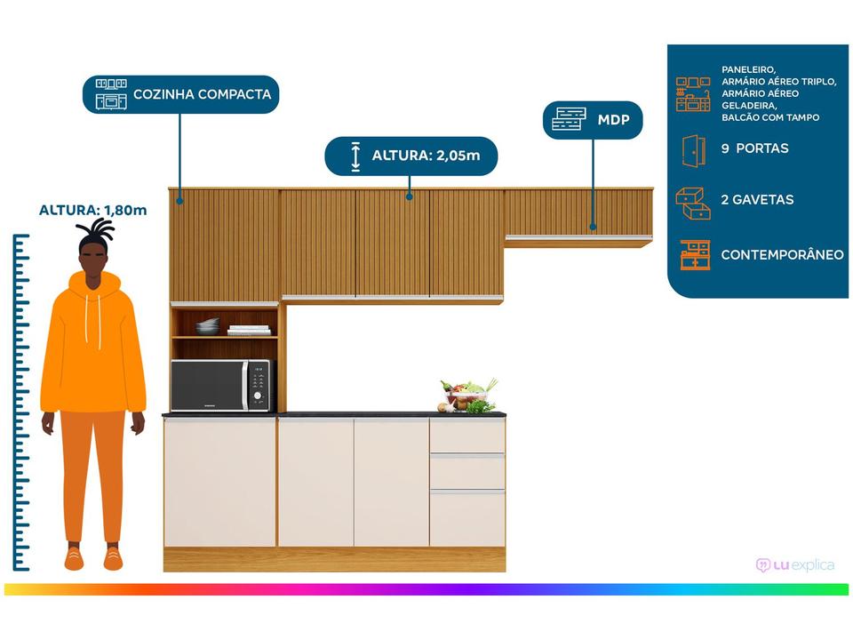 Cozinha Compacta Poliman Móveis Paris com Balcão 9 Portas 2 Gavetas - 1