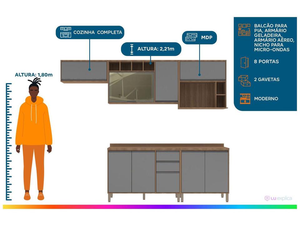 Cozinha Completa Luciane Parma com Balcão para Pia e Nicho para Micro-ondas 8 Portas - 1