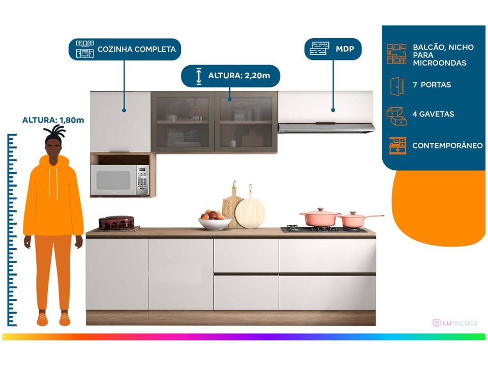 Cozinha Completa Poliman Móveis Etna com Balcão - com Nicho para Micro-ondas 7 Portas 4 Gavetas - 1